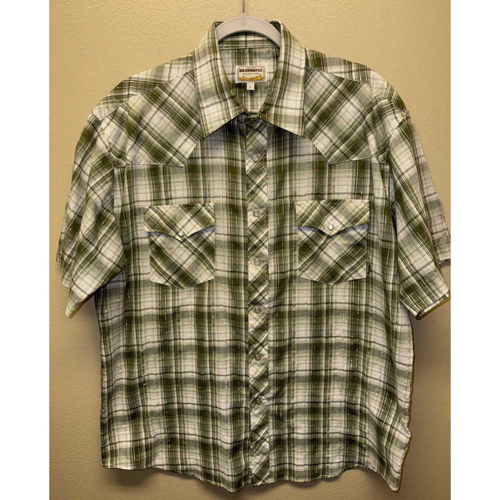 Dragonfly Western Shirt Mens L Plaid Pearl Snap Short Sleeve Button Up Green
